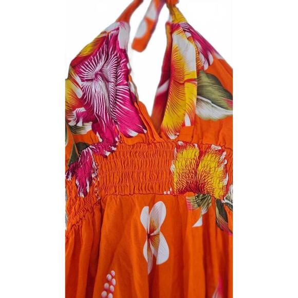 Vibrant Orange Tropical Floral Halter Dress Hawaiian Style No Tag - Picture 3 of 5